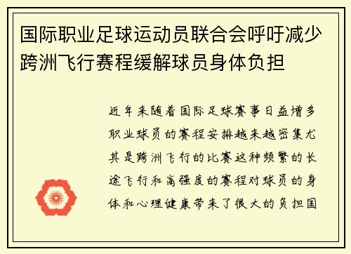 国际职业足球运动员联合会呼吁减少跨洲飞行赛程缓解球员身体负担